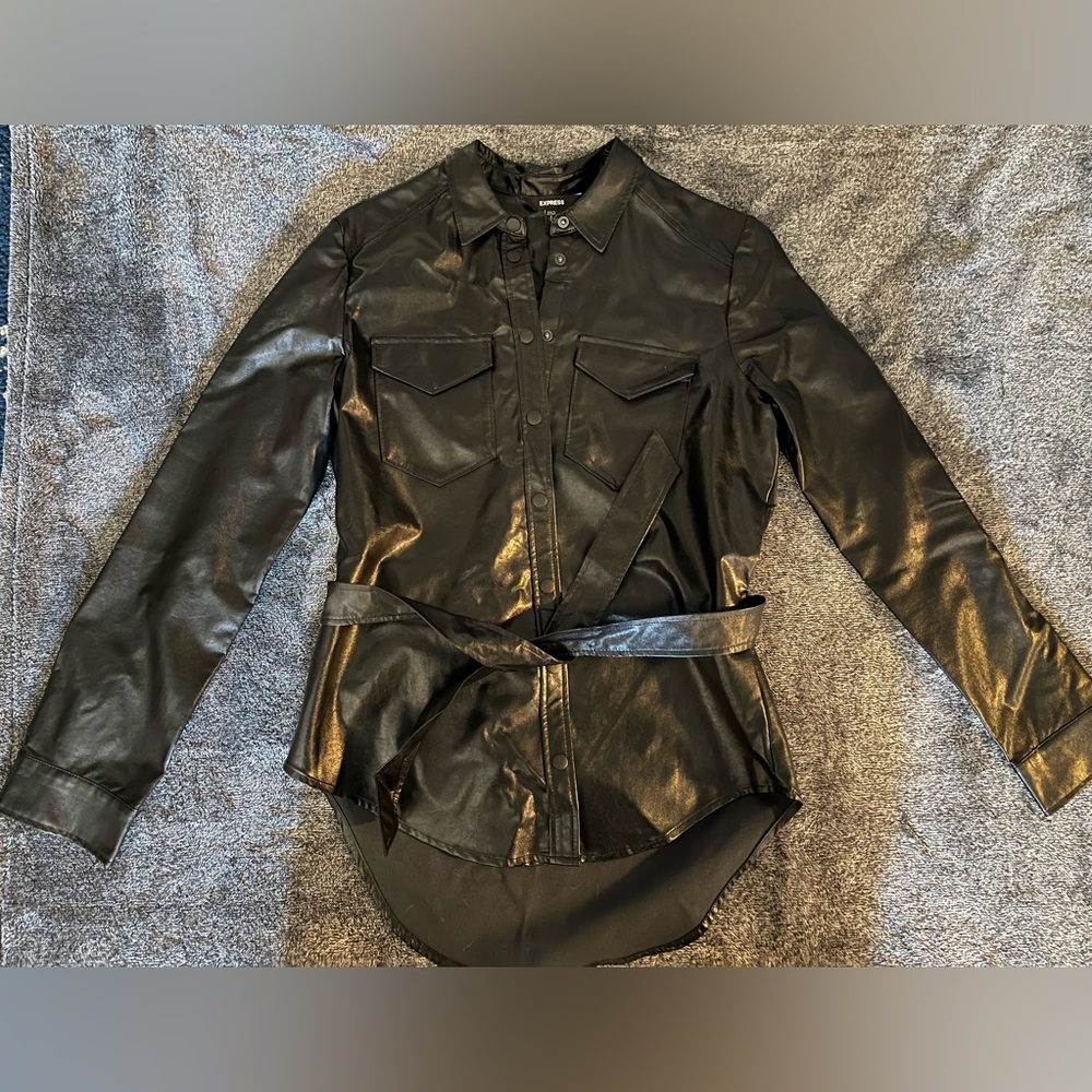 Express brand faux leather button up tie waist top- size small- Like New